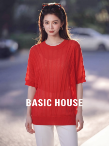 Basic House | Red 100 Tencel Round Neck Short Sleeve Lightweight Beautiful Knitted Shirt