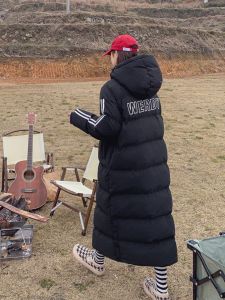 Knee-Length Letter Print Cotton Jacket Womens Loose Fit Korean Style Coat Overcoat Thickened Long Sleeve Zipper Closure