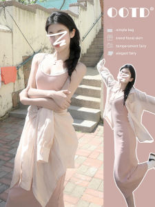 French Elegant Strap Dress Womens Summer New Small Size Popular Beautiful Set Long Skirt High Waist A-Line Pure Color Cotton Blend Elastic Fiber