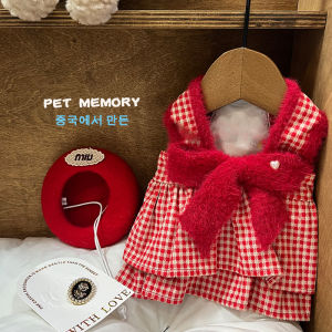 Ins New Style Long Sleeve Sweater Dress for Cats And Dogs Red And White Plaid Pattern Autumn Winter Pet Clothes Casual Hoodie