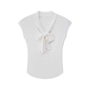 YUEZHONGWEI | Retro American College Style Womens White Short Sleeve T-shirt Summer 2025 Slim Fit Belted Top Shoulder Width Regular