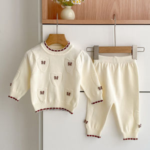 Baby Girls Clothes Sets Knit Autumn Newborn Sets Heart Print Bow Girl Infant Clothing Tops+ Pants Knit Sweater Baby Knit Sets