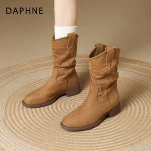 Daphne | Giày Bốt Nữ Kiểu Cowgirl Mới Thu Màu Nâu Dài Đến Gối Có Nếp Nhăn