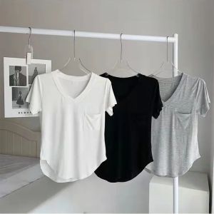 Loose Modal Cotton T-Shirt V-Neck Short Sleeve Pocket Summer Fashion Womens Korean Style Commute Pure Color Drapey Boneless