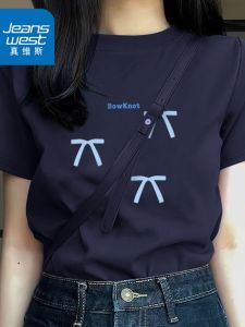 True Weave Short Sleeve T-Shirt Womens New 2025 Simple Butterfly Knot Pure Cotton Casual Top Summer Street Style Loose Fit