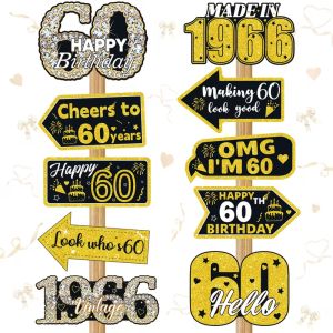 10pcs 60th Birthday Decoration Set Photo Booth Props Black Gold Vintage Style Paper Signage for 60th Birthday Party Decorations