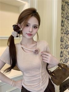 GUZILIAN | Slim Fit Short Sleeve T-Shirt Womens Design Sense Sweet And Spicy Uneven Waistband Pleated Summer Top Korean Style Commute Wind