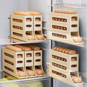 สี่ชั้นเลื่อนอัตโนมัติชั้นวางไข่ป้องกันการตกชนิดกล่องไข่ที่แยกไข่อัตโนมัติกลิ้งไข่กล่องเดินทางชั้นวางจัดระเบียบที่จัดเก็บในตู้เย็น