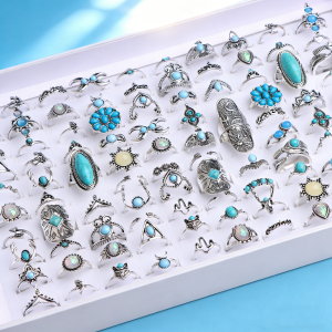 10/18/20/30/50Pieces Vintage Fashion Turquoise Rings Set For Women Mix Style Retro Bohemian Geometry Jewelry Party Gifts