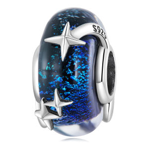 BAMOER 925 Sterling Silver Blue Starry Glass Bead Space Galaxy Star Charm for Women Original Bracelet Bangle BSC682