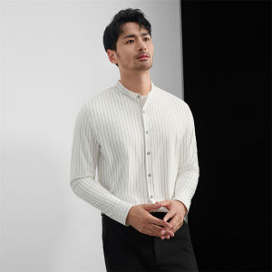 High-End Chinese Style Long Sleeve Shirt Mens Slim Fit round Neck Striped Casual Smooth Elasticity Business Casual Shirt