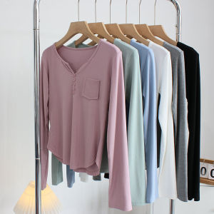 European Goods Threaded Cotton Button Long Sleeves T-shirt Womens Spring & Fall Thin Short Elastic Easiest for Match Slim Looking Bottoming Shirt Trendy Tops