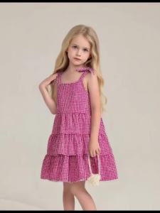 Summer Baby Girls Dress Pink Gingham Plaid Bow Strap Tiered Ruffle A-Line Dress Casual Party Wear Infant Toddler Polyester Fiber
