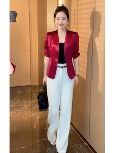Red Satin Suit Set Elegant Business Style Autumn Winter Fashion Womens Two-Piece Ensemble Luxury Feel Perfect for Work And beyond