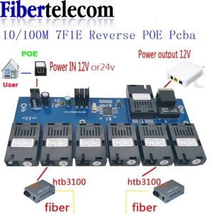 Reverse POE Switch 100M PCBA Board Fiber Optic Media Converter 1 RJ45 to 7SC Optic Connector  4A+3B Ports 20KM Ethernet