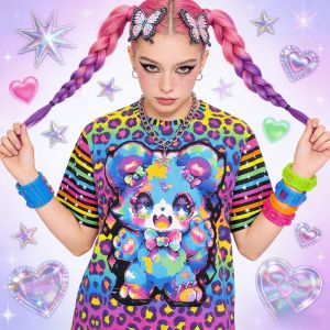 New 2026 Rainbow Leopard Cute Pixel Bear Contrast Full Print T-shirt Y2k Summer Harajuku Style Children/Adult Oversized Top