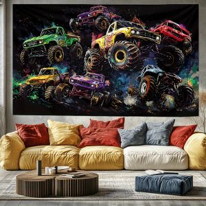 VIKAMA Vibrant Off-Road Monster Truck Tapestry Modern Minimalist Living Room Sofa Backdrop Wall Decor Room Accent