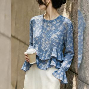 KUNAILIN | Blue Flowered Ruffled Commuter Style Womens Shirt
