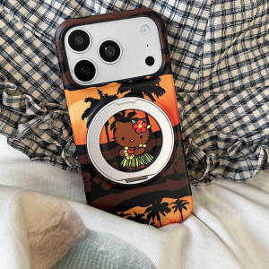 Sanrio | Luxury Sanrio Black Skin Hello Kitty Magnetic Stand Case For iphone 17 16 15 Pro Max For Magsafe Wireless Charging Phone Cover