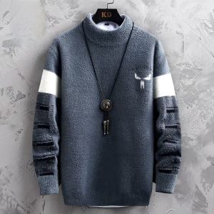 ROMON | Lormen Mens Thickened Loose Knitted Sweater Half High Collar Winter Fashion Warm Mink Velvet Casual Long Sleeve Knitwear