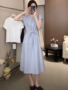 Vintage Elegant Design 100% Linen Waist-Shaping Leisure Dress