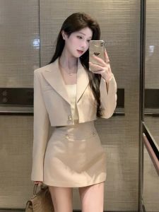 Elegant Slim Fit Suit Jacket High Waist Bodycon Short Skirt Womens Fashion Set Autumn Beautiful Two-Piece Long Sleeve V-Neck
