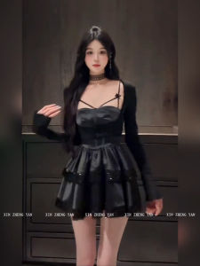 XZY Sweet And Spicy Black Strap Puffy Skirt Womens Initial Autumn Inner Waist Inward Short Skirt Large Size A-Line Dress