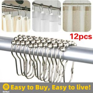 【Fast Shipping】 12pcs/set Stainless Steel Curtain Hooks Bath Curtain Rollerball Shower Curtain Rings Hooks 5 Rollers Polished Satin Nickel Ball Accessories CYB-Curtain-Hook