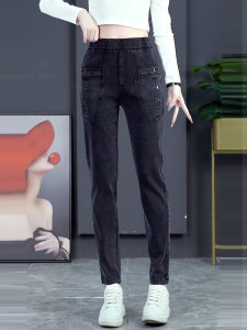 High Waist Slimming Mom Jeans Womens Loose Casual Elastic Straight Leg Denim Pants Versatile Deep Blue Cotton Blend