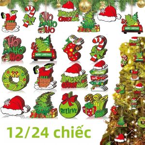 Bộ 12/24 Mặt Dây Chuyền Gỗ Hình Quái Vật Tóc Xanh Giáng Sinh Đồ Trang Trí Treo Cho Cây Thông Noel Nhà Cửa Lễ Hội