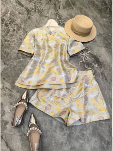 New Chinese Style Womens Short Sleeve round Neck Two-Piece Set Shoulder Width Regular Summer Fashion Cold Tone Ensemble