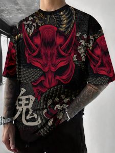 Mens red and black dragon printed off-the-shoulder short-sleeved T-shirt casual round-neck tattoo design summer T-shirt