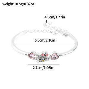Sanrio | Silver Tone HelloKitty Bangle Bracelet Zinc Alloy with Paved Crystal Kitty & Pink Heart Stones Adjustable Link Chain for Girls