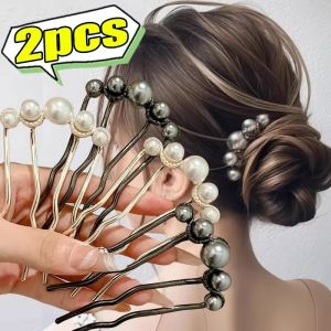 2Pcs Vintage Pearl Hairpin Women Elegant U Shaped Hair Clips Korean Headwear Sticks Bun Minimalist Metal Forks Styling Tools
