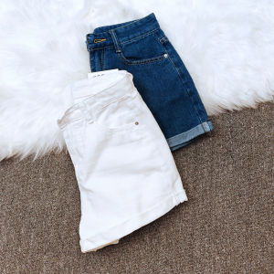 กางเกงยีนส์ขาสั้นสีน้ําเงินเข้มสําหรับผู้หญิงฤดูร้อนสไตล์วินเทจกางเกงขาตรงขอบรีดอเมริกัน BM แฟชั่นอเนกประสงค์อินเทรนด์