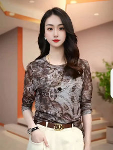 Elegant Floral Print Mesh Base Layer Top Long Sleeve Womens T-Shirt Fashionable Skin Elasticity Korean Style Straight Cut