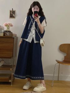 Salt System Summer Outfit Fatty Denim Vest Set High Waist A-Line Skirt Short Sleeve U-Neck Three-Piece Set for Young Women