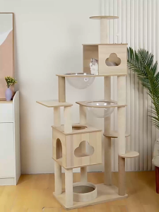 คอนโดต้นไม้แมว แน่นไม่สั่น แคปซูลอวกาศสองชั้น คอนโดแมวไม้  กรอบปีนแมว เสาลับเล็บแมวได้ พื้นที่ขนาดใหญ่ ตัวหนา สูง 190cm cat tree tower