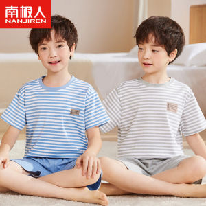 ชุดนอนเด็กชายผ้าฝ้ายลายทางฤดูร้อนใหม่ ชุดอยู่บ้านแขนสั้นผ้าฝ้าย ชุดเด็กผู้ชาย ชุดนอนเย็นสบายสำหรับเด็กวัยเตาะแตะ