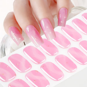 16Tips/Sheet Gradient Pink Baking-Free Gel Nail Stickers with Gold Silver Glitter Adhesive Nails Wraps Full Cover Manicure Strip