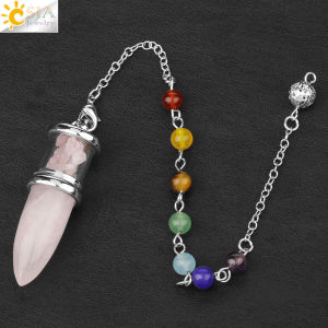 CSJA Natural Stone Pendulum Wishing Bottle Bullet Shaped Pendant 7 Chakra Chain for Divination DIY Necklace Healing Jewelry G283
