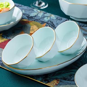 Jingdezhen Ceramic Soup Bowl Green Porcelain Rice Bowl Diamond Pattern Octagonal Luxury Dining Utensils Home Use