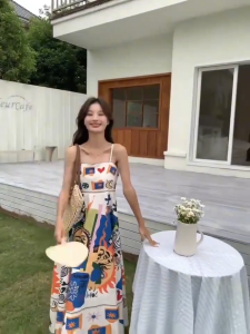 🦋 NLONKE   2025 Summer Graffiti Print Suspender Dress for Women   Sleeveless Large Hem Dress