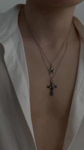 Ingemark | Ingemark 2 Pcs/Set Trendy Colorful Rhinestone Cross Star Pendant Necklace for Men Goth Retro Stacked Adjustable Clavicle Chain