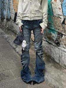 American Y2K Millennium Style Flared Jeans Womens Autumn New Design Sense Wave Crack Long Pants High Waist Pure Color Jeans