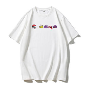 Bandai | Pokemon Pac-Man Print Fun Game Print Versatile Short-sleeved T-shirt for Men and Women Pure Cotton Trendy Brand Summer