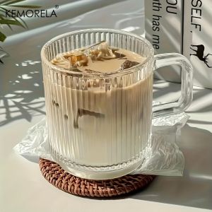KEMORELA 1/2PCS Vertical Grain Glass Coffee Cup 350ML Water Cup With Handle Suitable Iced Coffee Juice Cup Valentines Day Gifts