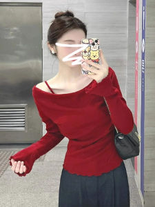 PEIXI | Red Knitted Strap Shoulder Off Top for Autumn and Winter
