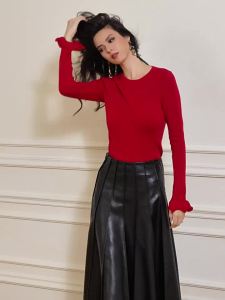French Sunset Red Vintage High Waist Fitted Skirt Set