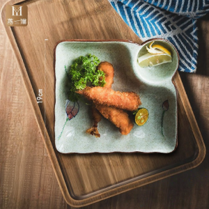 Japanese Style Ceramic Dumpling Plate with Vinegar Dish Home Use Dishwasher Safe Microwave Safe Dumpling Plate Floral Pattern